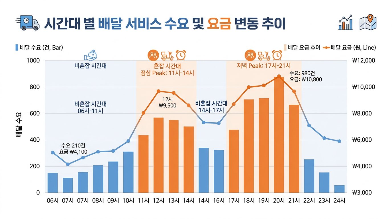 시간대별 퀵서비스 수요 및 요금 변동 분석 차트