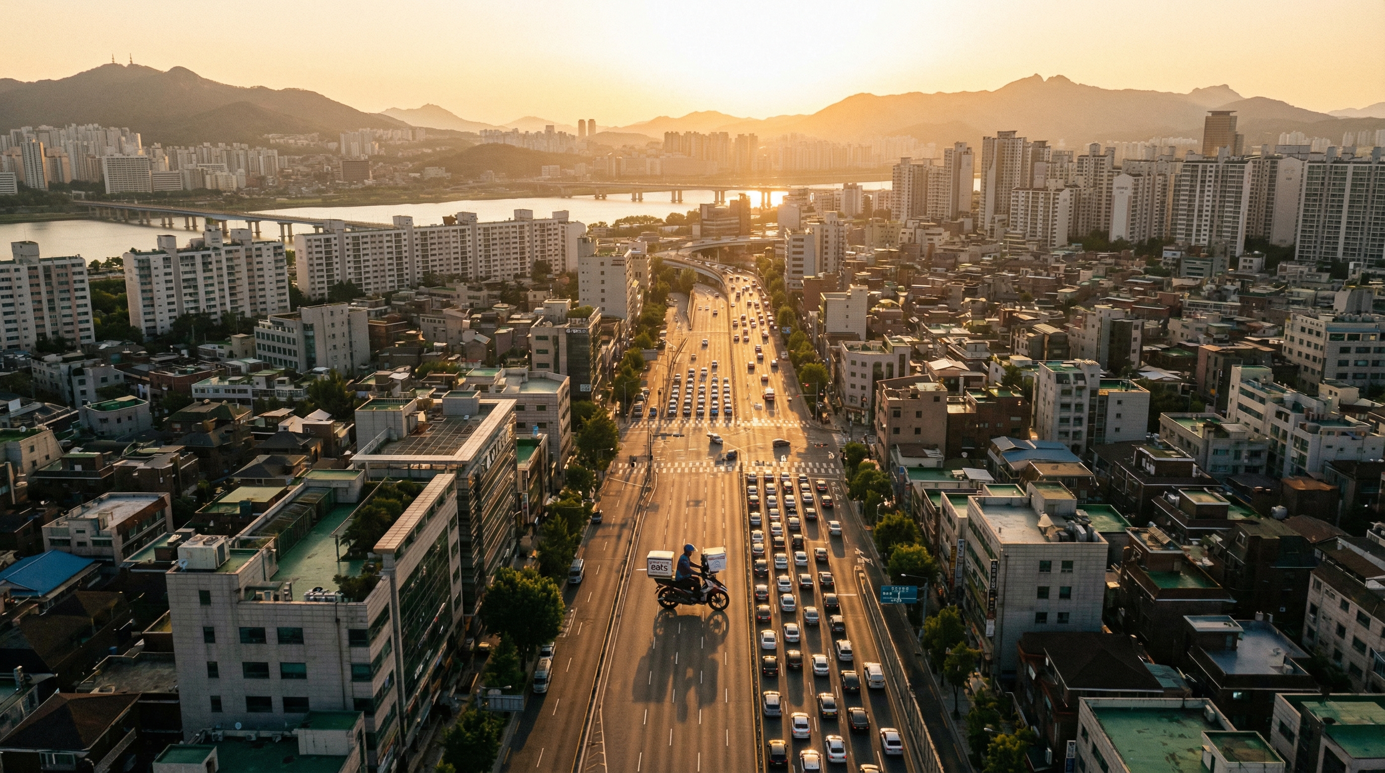 퀵서비스 배송 여정 전체를 상징하는 도심 배송 이미지
