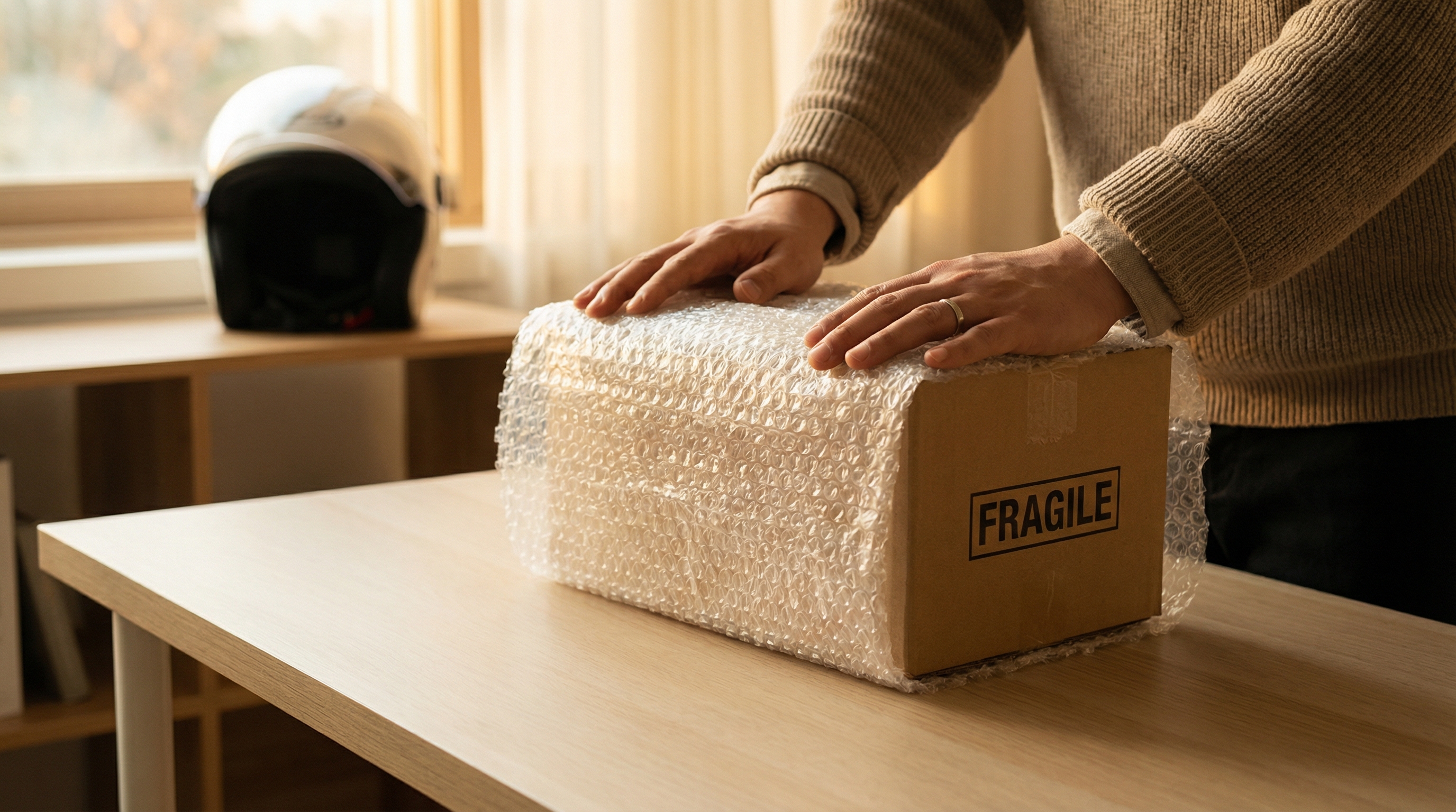 퀵서비스 발송을 위해 에어캡으로 물품을 꼼꼼히 포장하는 모습