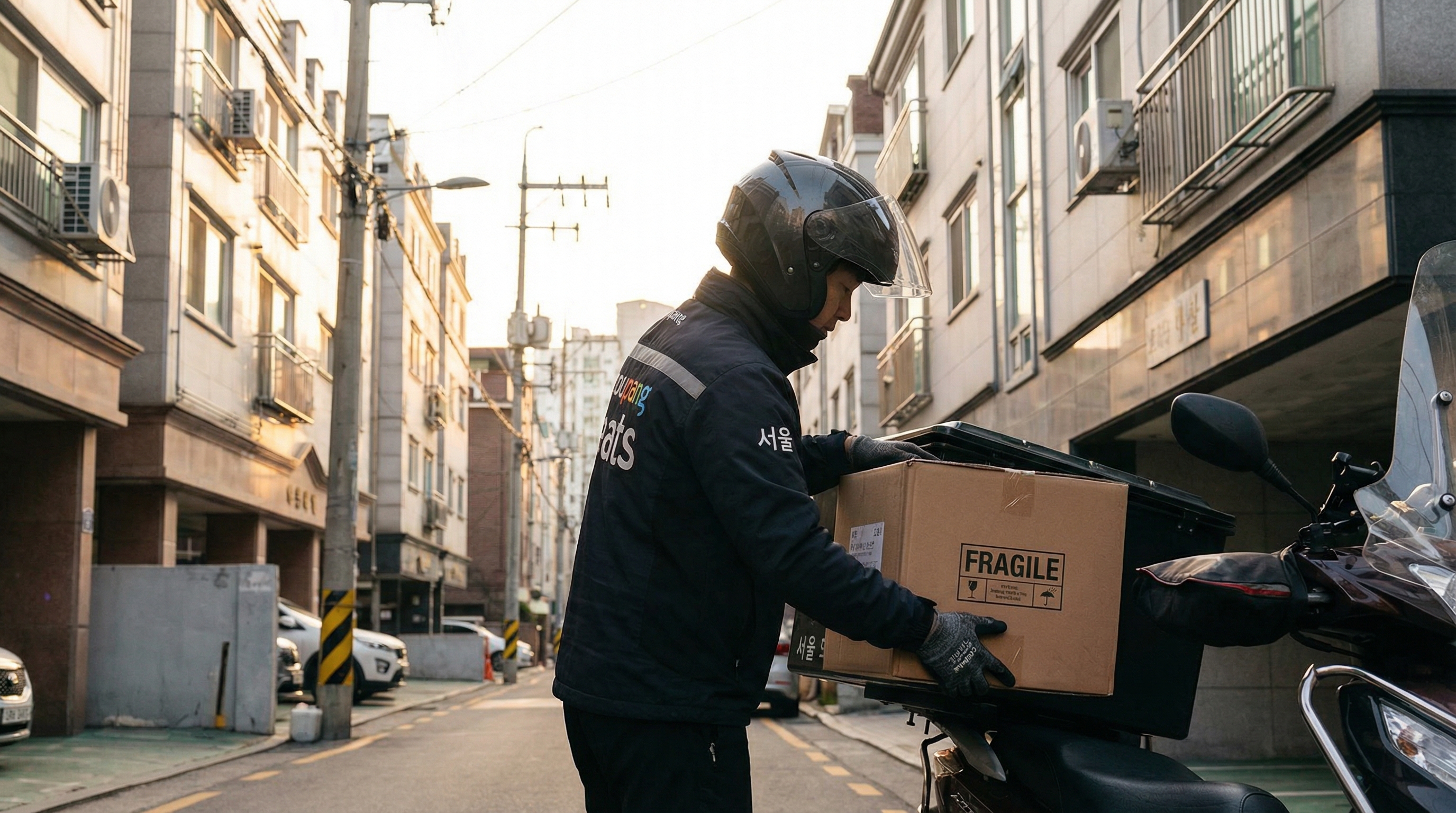 물품을 안전하게 취급하는 퀵서비스 기사의 모습