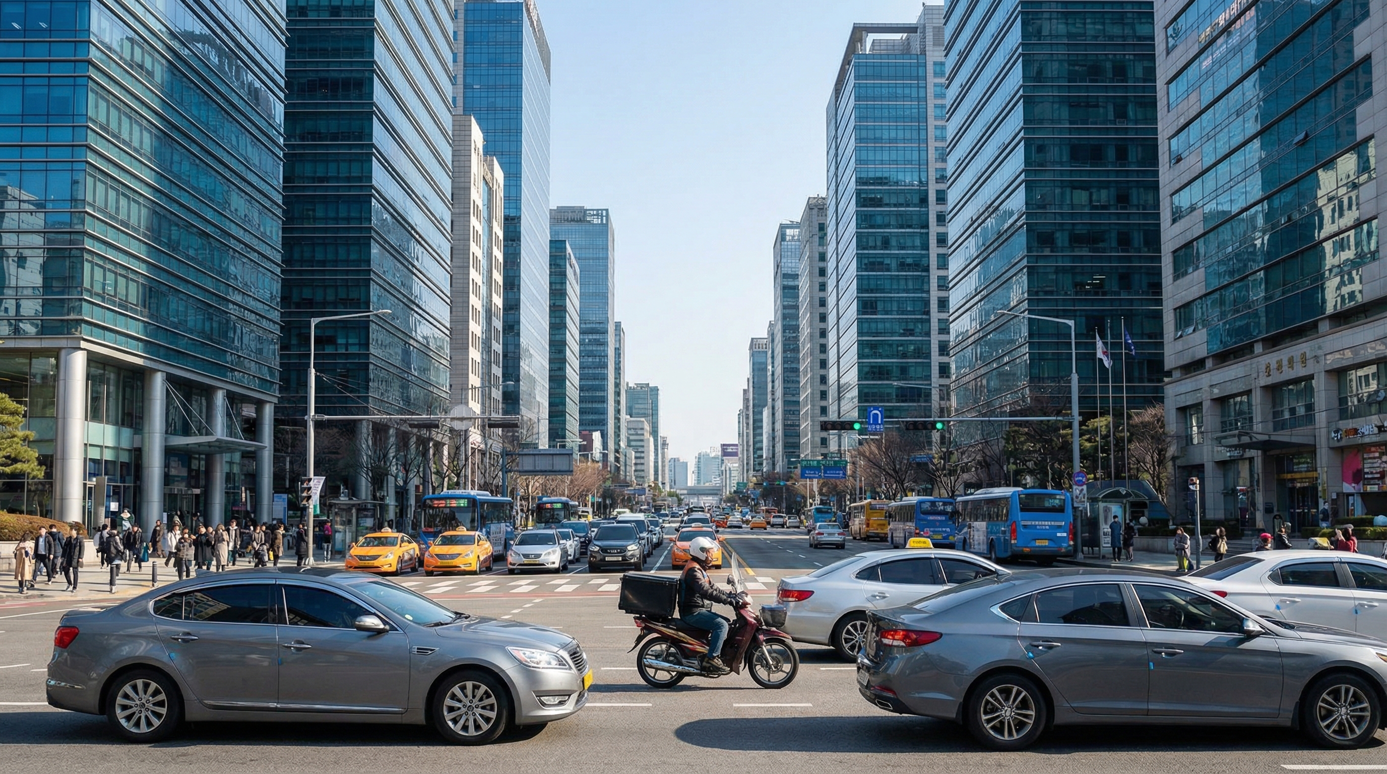 강남 테헤란로 빌딩 숲과 퀵서비스 오토바이