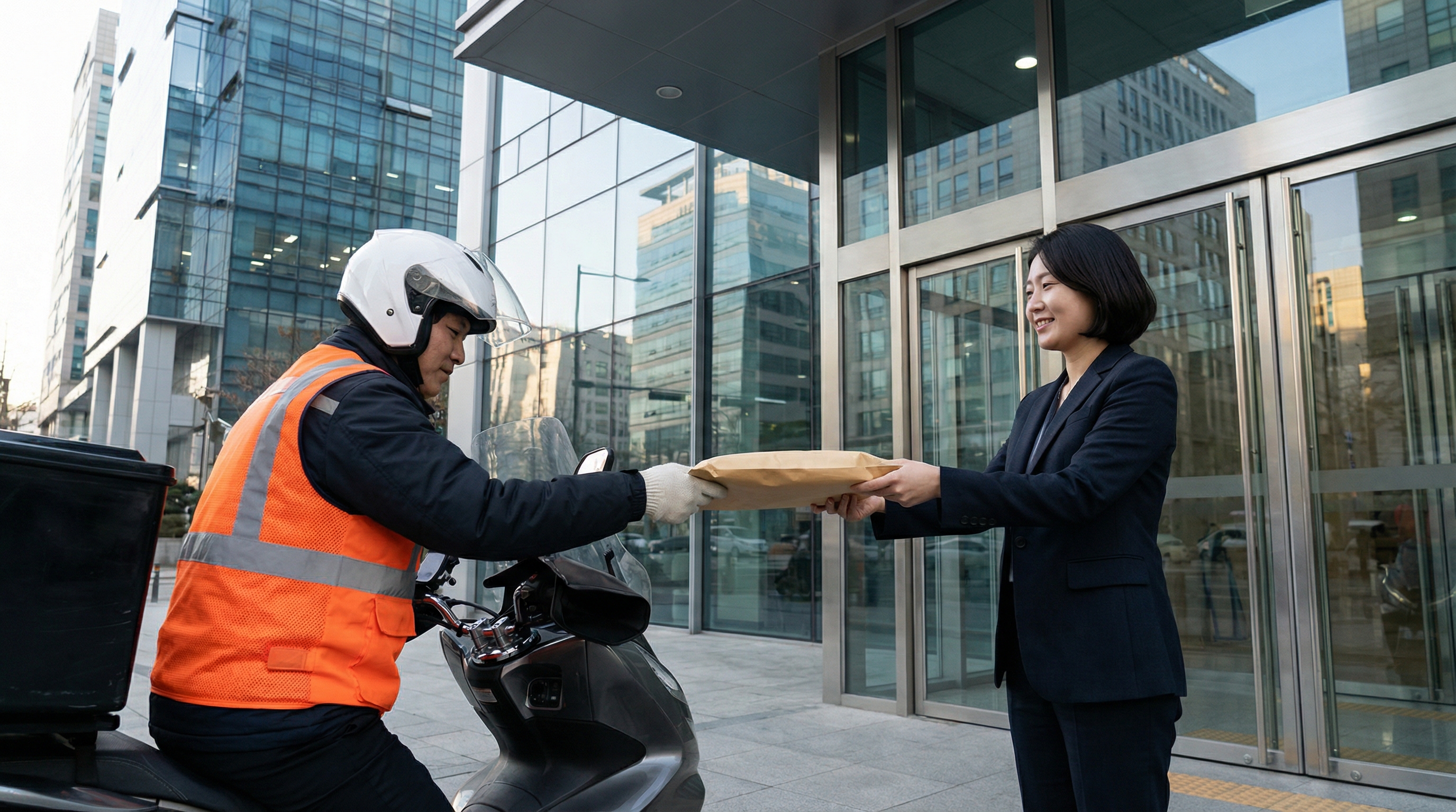 비즈니스 서류를 전달하는 퀵서비스 기사의 모습