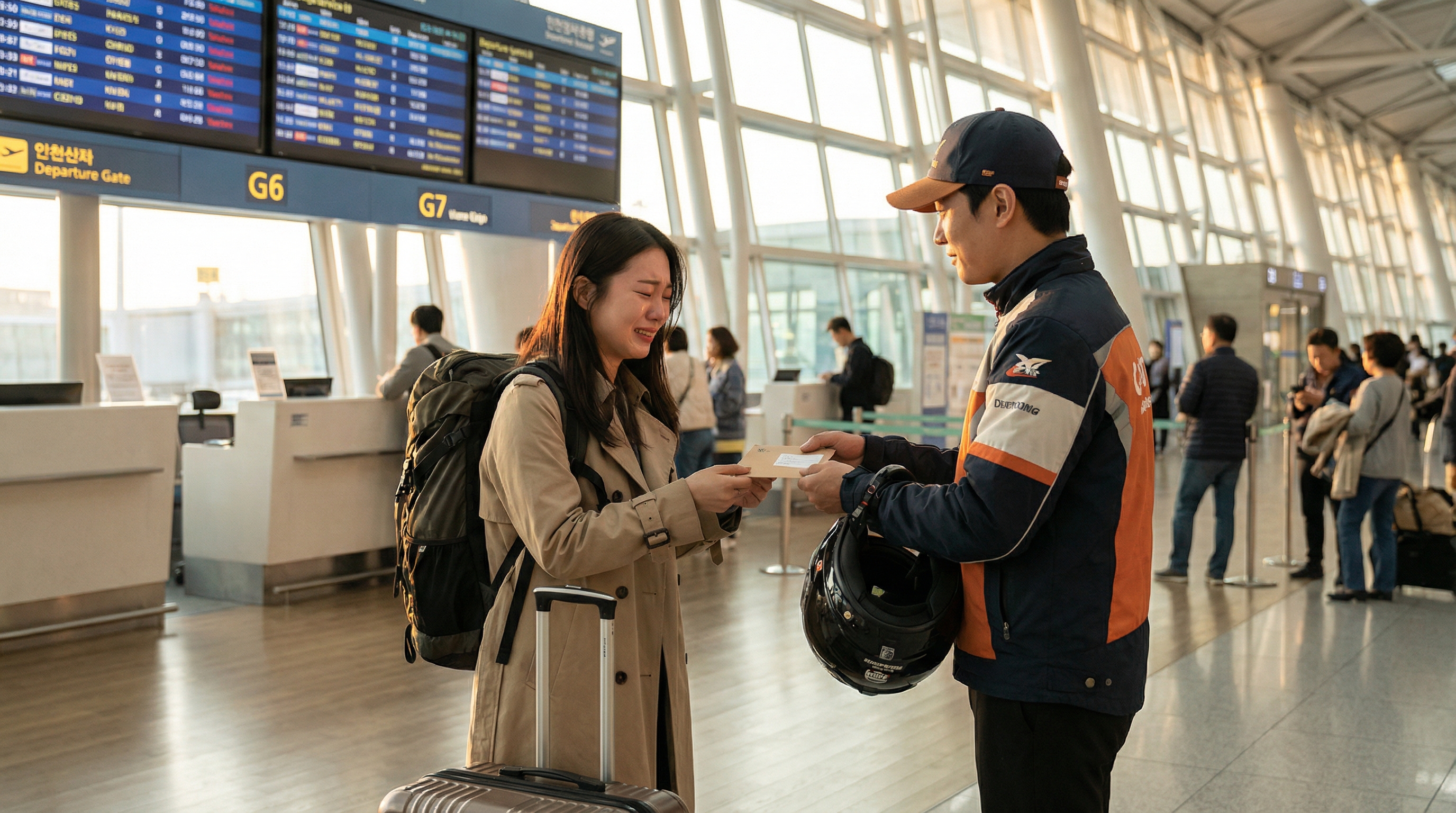 공항에서 여권을 전달받는 여행객의 모습